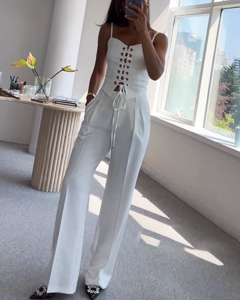 Romy™ — Tweedelige Set met Striktop en Wijde Broek