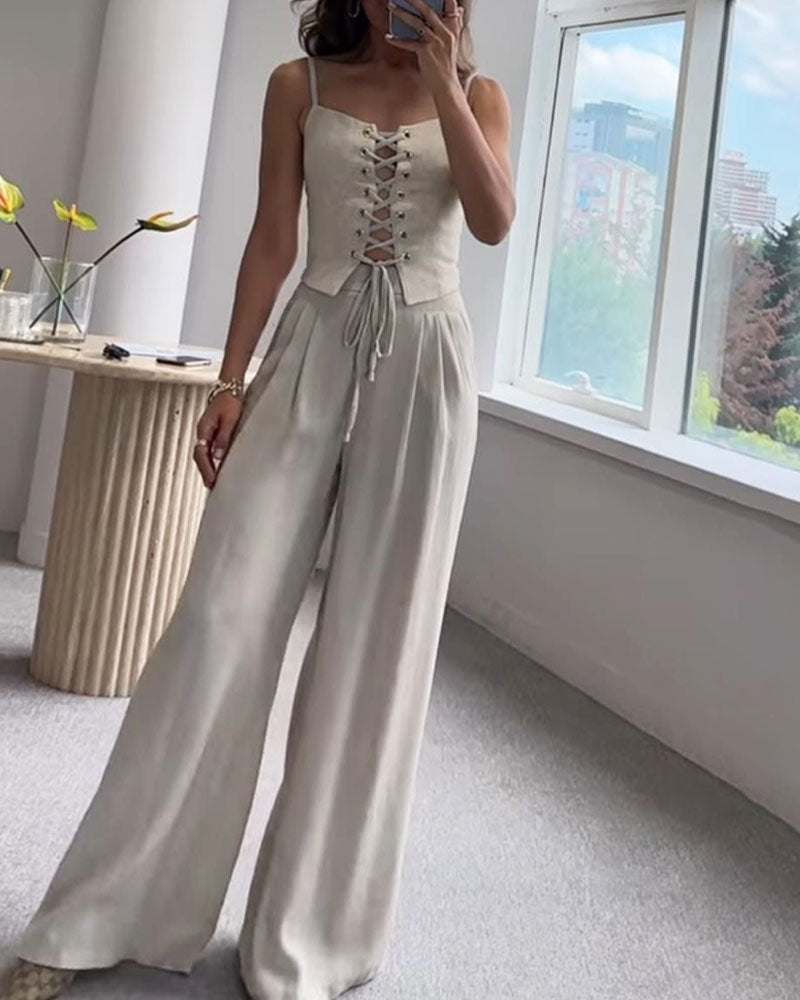 Romy™ — Tweedelige Set met Striktop en Wijde Broek