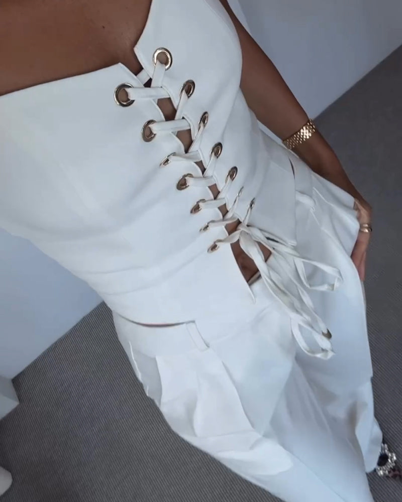 Romy™ — Tweedelige Set met Striktop en Wijde Broek