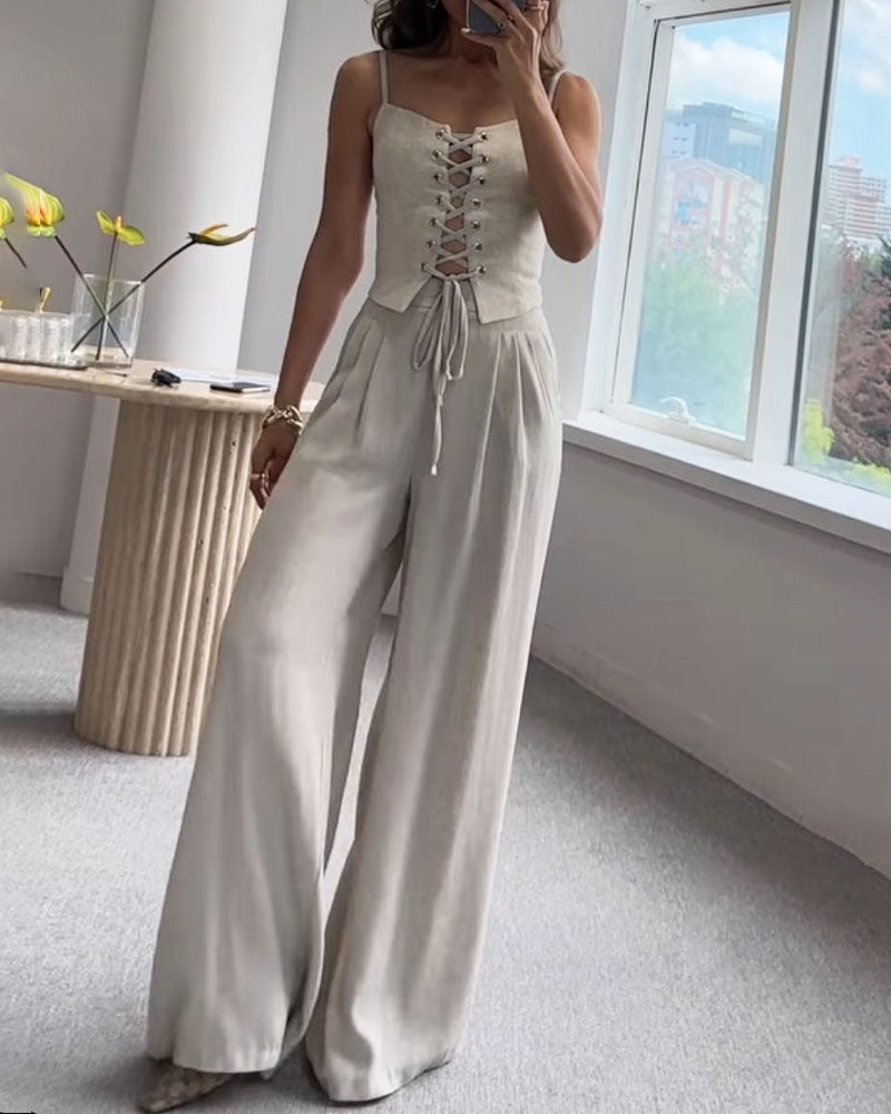 Romy™ — Tweedelige Set met Striktop en Wijde Broek