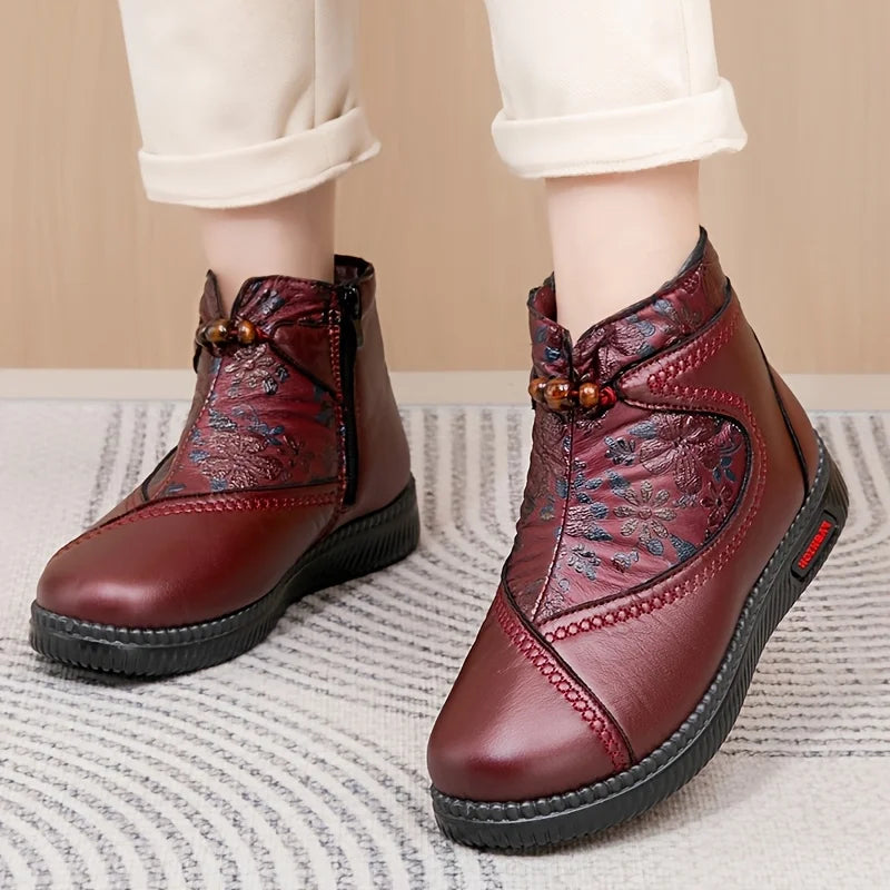 Roos™ | Vintage Bloemen Leren Enkellaarsjes