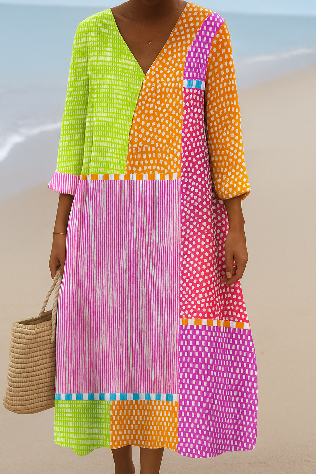 Zélie | Patchwork jurk met stippen en strepen in meerdere kleuren