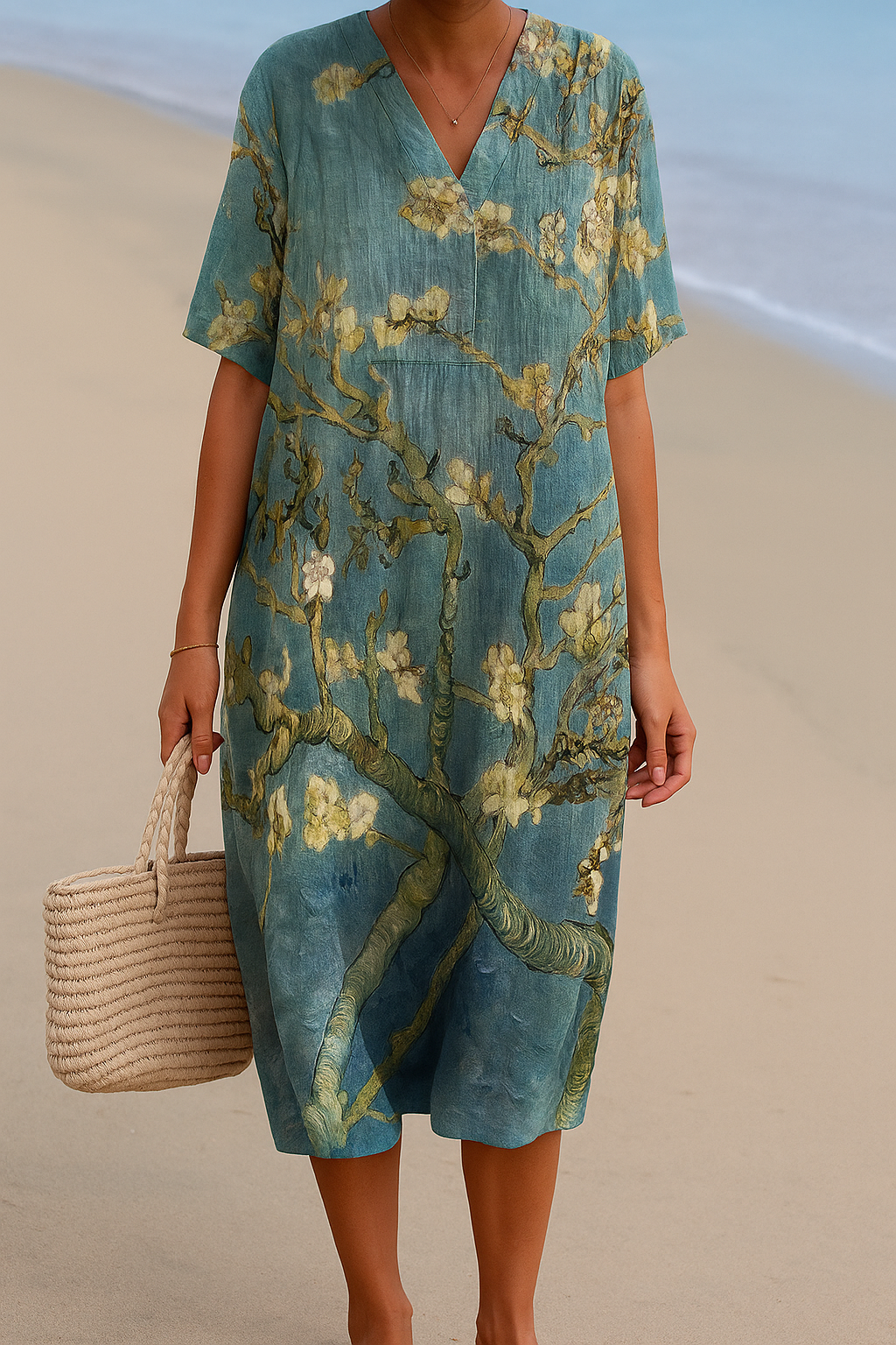 ALMONDE | Lichtblauwe grofgebreide jurk met bloemenprint